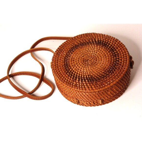Unbranded Handbags - Handwoven Round Brown Rattan Woven Wicker Shoulder Handbag Crossbody Boho Purse